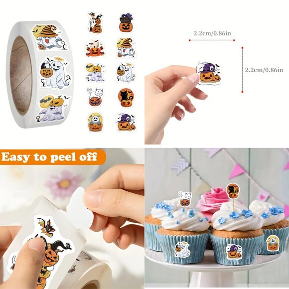 Roll Of 500 Halloween Stickers with Ghosts and Pumpkins and Cats - Picture 1 of 1